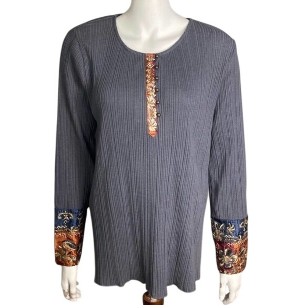 Soft Surroundings Large Gray Ribbed Top Long Sleeve‎ Embroidered (B587)